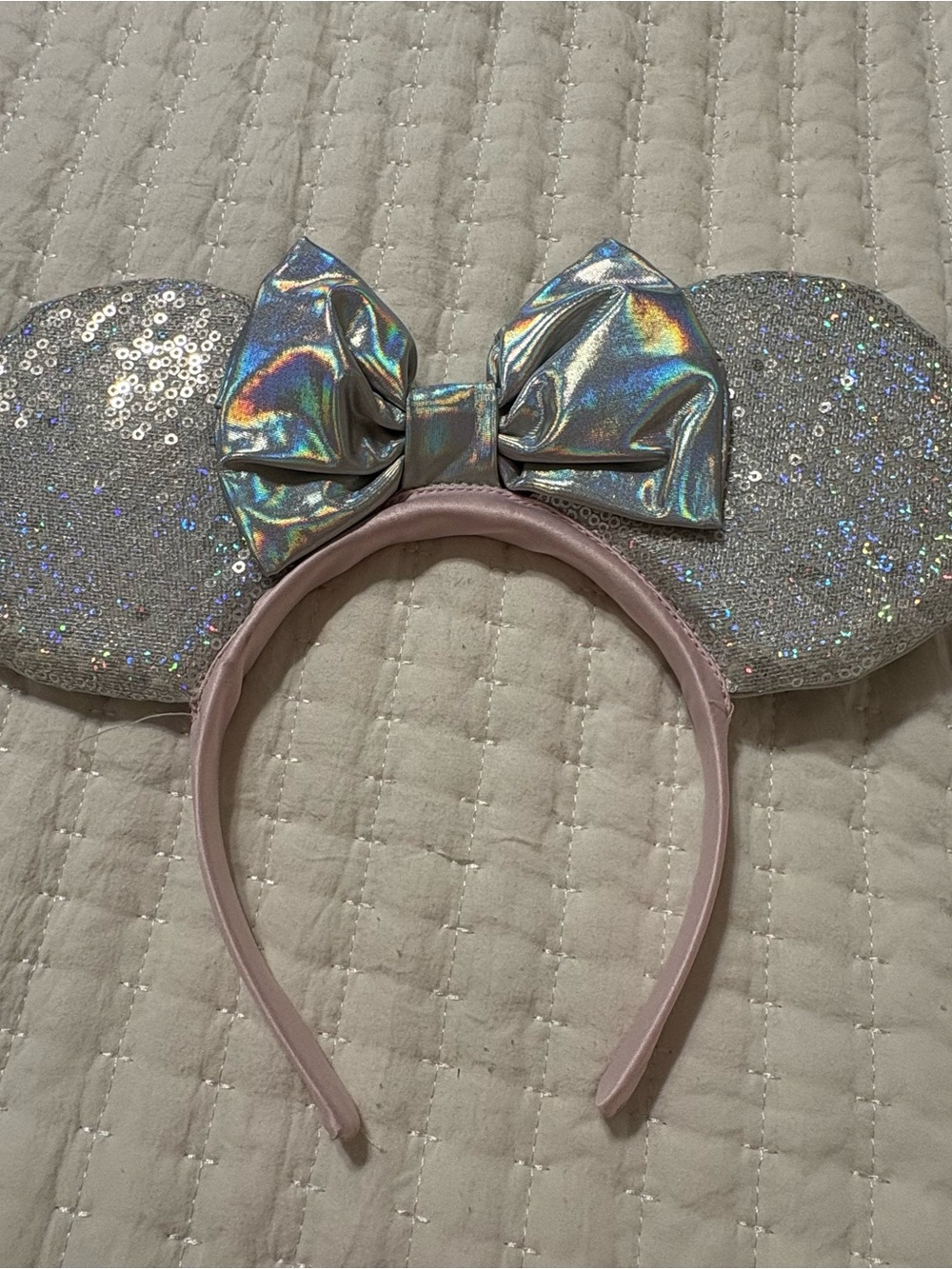 Disney Iridescent Silver Sequin Mouse Ear Headband with Light Pink Band